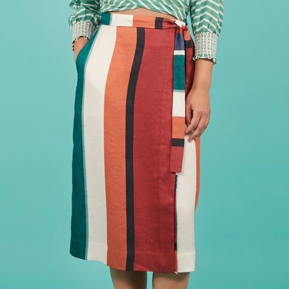 Tanya Taylor Verona Midi Wrap Skirt Linen Blend Broad Stripes W/Pockets